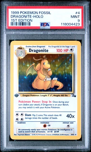 1999 Pokémon Fossil #4 Dragonite Holo 1st Edition PSA 9
