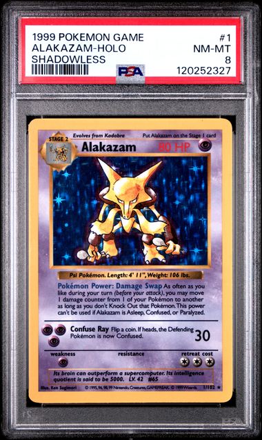 1999 Pokémon Base Set #1 Alakazam Holo Shadowless PSA 8